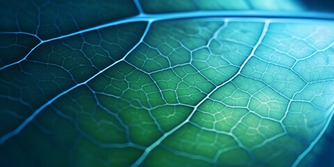 Leaf of a tree close-up. Blue toned background or wallpaper. Mosaic pattern from a net of veins and plant cells. Abstract backdrop on a floral theme. Macro. High quality photo