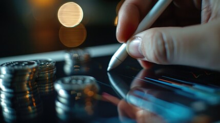 Poster - A person's hand using a stylus to interact with a trading chart displayed on a digital tablet, with a stack of silver coins nearby.