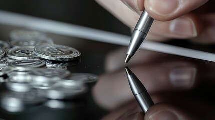 Poster - A person's hand using a stylus to interact with a trading chart displayed on a digital tablet, with a stack of silver coins nearby.