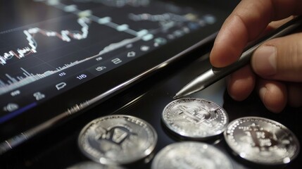 Poster - A person's hand using a stylus to interact with a trading chart displayed on a digital tablet, with a stack of silver coins nearby. 