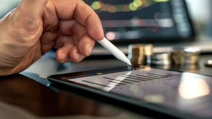 Poster - A person's hand using a stylus to interact with a trading chart displayed on a digital tablet, with a stack of silver coins nearby. 