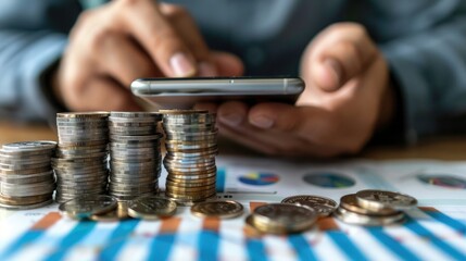 Poster - A businessman analyzing market data on a smartphone with a stack of silver coins and a trading chart visible on the screen. 