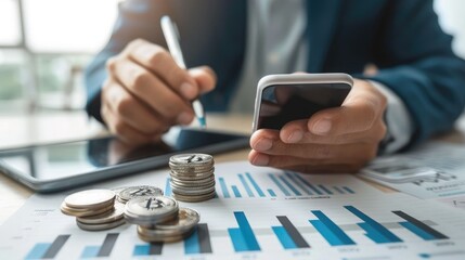 Poster - A businessman analyzing market data on a smartphone with a stack of silver coins and a trading chart visible on the screen. 