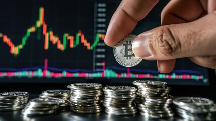 Poster - A hand placing a silver coin onto a pile with a trading chart visible on a nearby screen, illustrating ongoing investment decisions. 