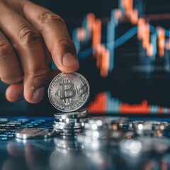 Aufkleber - A hand placing a silver coin onto a pile with a trading chart visible on a nearby screen, illustrating ongoing investment decisions. 