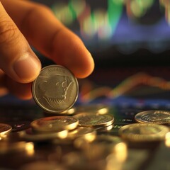 Aufkleber - A hand placing a silver coin onto a pile with a trading chart visible on a nearby screen, illustrating ongoing investment decisions. 