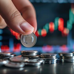 Poster - A hand placing a silver coin onto a pile with a trading chart visible on a nearby screen, illustrating ongoing investment decisions. 