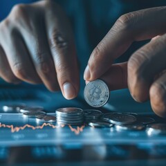 Poster - A hand placing a silver coin onto a pile with a trading chart visible on a nearby screen, illustrating ongoing investment decisions