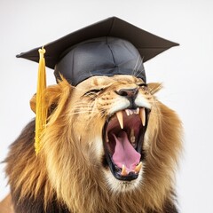 Wall Mural - Graduation cap on roaring lion - isolated on a white background