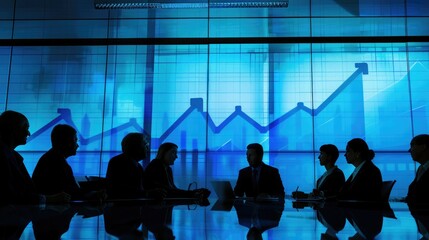 Aufkleber - A team of executives discussing business strategies in a boardroom, with a projection screen showing a projected increase arrow graph for the upcoming year. 