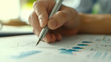 Poster - A close-up of a businessman's hand holding a pen, sketching out a growth trajectory on a paper chart, depicting aspirations for the year 2023. 