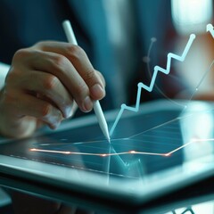 Poster - A close-up of a businessman's hand using a stylus to sketch out a growth strategy on a digital tablet, with an increase arrow graph visible on the screen. 