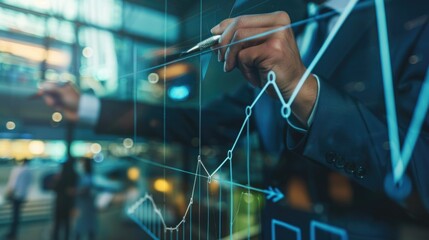 Poster - A close-up of a businessman's hand drawing a growth trajectory on a glass board during a planning session, with an increase arrow graph prominently featured. 