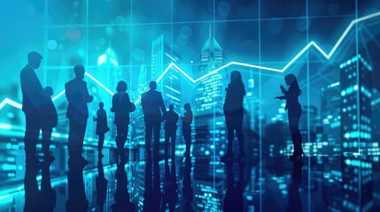 Poster - A group of business leaders discussing challenges and opportunities for growth in 2023, with an increase arrow graph charting the course forward. 