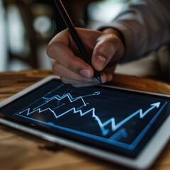 Poster - A close-up of a businessman's hand drawing a growth trajectory on a tablet screen, with an increase arrow graph indicating targets for 2023. 