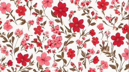 Wall Mural - Tiny flowers with a retro floral motif. little red and pink blossoms. White background. Ditsy print. continuous background of flowers. Stylish model for clothing designs. stock arrangement. 