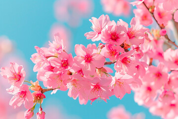 Wall Mural - Close-up of pink cherry blossoms in full bloom against a blue sky with ample copy space