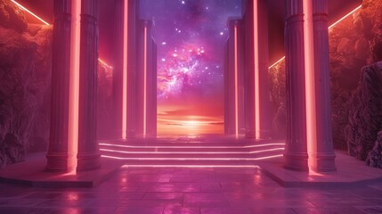 Wall Mural - a neon lit room with pillars and a sky background
