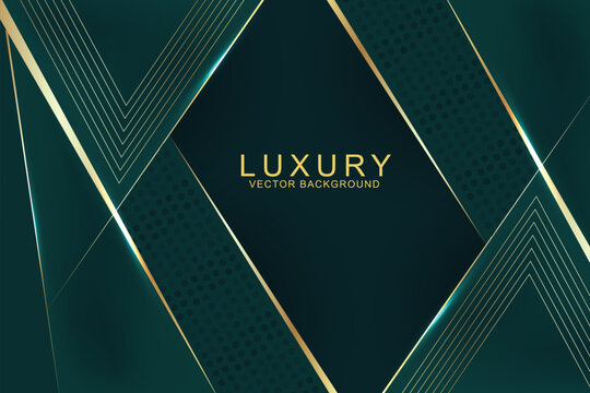 Abstract luxury green geometric diagonal overlay layer background with golden lines