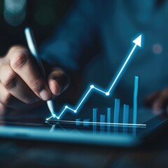 Aufkleber - A close-up of a businessman's hand sketching out a growth plan on a digital tablet, with an increase arrow graph indicating upward momentum for 2023. 
