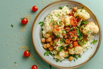 Wall Mural - delicious roasted cauliflower with mashed potatoes, top view
