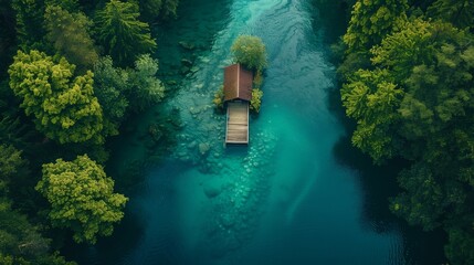 Wall Mural - A small wooden cabin sits on a dock in a lake surrounded by trees