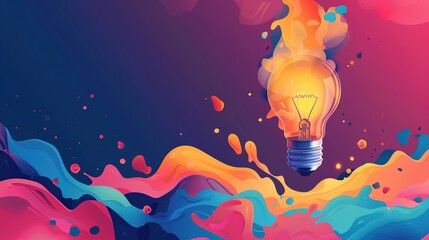 Canvas Print - Conceptual abstract illustration in grangy style, with light bulb and colorful splashing shapes.  
