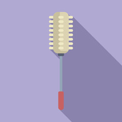 Sticker - Flat design vector illustration of a toilet brush with a long handle and bristles, isolated on a purple background