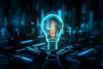 digital light bulb icon hologram on future tech background. new ideas evolution. futuristic light icon in world of technological progress and innovation. cgi 3d render