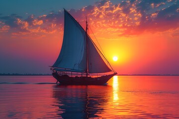 Wall Mural - Dhow Sailing at Sunset A traditional dhow sailing against a vibrant sunset, capturing the beauty of Arabian waters