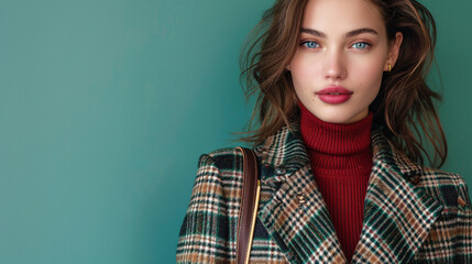 A model wearing a stylish outfit posing confidently against a green background