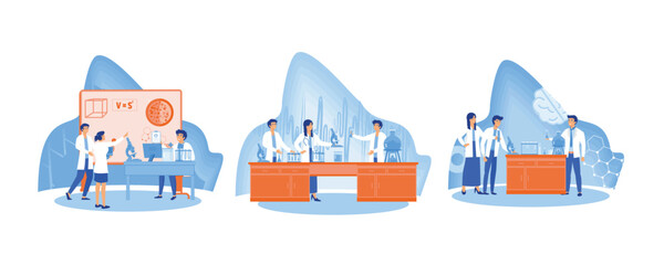 Poster - people in white coat, chemical researchers with laboratory equipment. scientific research. of scient
