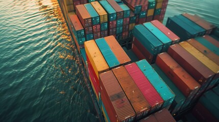 Wall Mural - Cargo shipping containers stacked on a large vessel, with sunlight reflecting off the ocean