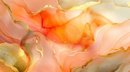 Wall Mural - Art painting style with soft and dreamy colorful marble abstract waves and sparkling golden lines.