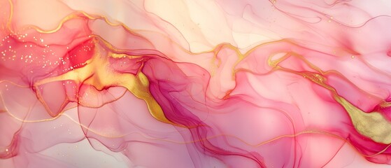 Wall Mural - Art painting style with soft and dreamy colorful marble abstract waves and sparkling golden lines.