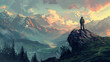 © Aisyaqilumar - A man traveling in the mountains, calm and peaceful atmosphere. An anime style illustration.