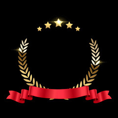 Wall Mural - Gold laurel wreath with red ribbon, stars and place for name of winner. Award icon. Champion reward. 3d realistic luxury leadership prize for awarding ceremony, competition, championship, best player