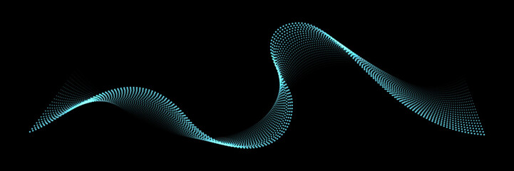Poster - Dotted wavy line pattern vector illustration. Abstract blue wave flow isolated on black background. 3d modern dynamic energy bright music swirl