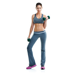 Poster - Woman, portrait and dumbbell training in studio for bicep workout or weightlifting, mockup or white background. Female person, equipment and muscle routine for weight loss health, strength or fitness