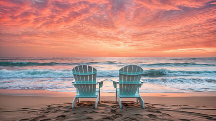 Wall Mural - two chairs on the beach at sunset created with Generative AI technology