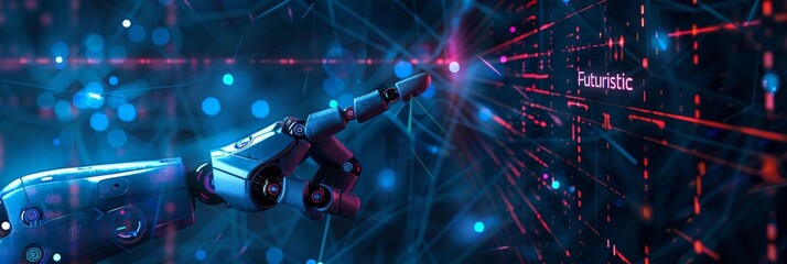 Fototapete - Robot finger pointing with information datum and connection hologram for futuristic robotic artificial intelligence productivity and automation efficiency as wide banner with copy space