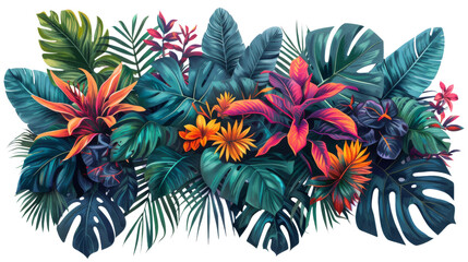 Wall Mural - A vibrant painting featuring various tropical leaves and flowers in full bloom, showcasing the rich colors and intricate details of nature