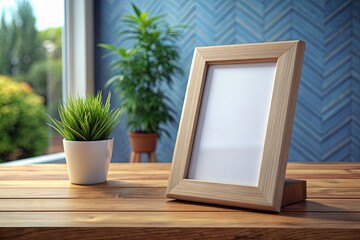 Wall Mural - Desk with Picture Frame and Green Plants by Window