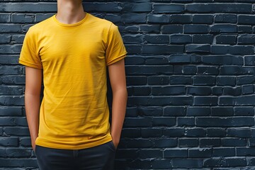 Yellow t-shirt mockup at black brick wallpaper background.