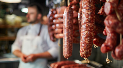 Wall Mural - copy space, stockphoto, male butcher with many raw sausages hanging on hook in a refrigerated room. Consumation of meat. Fresh raw meat at the butcher. Preparation of sausage.