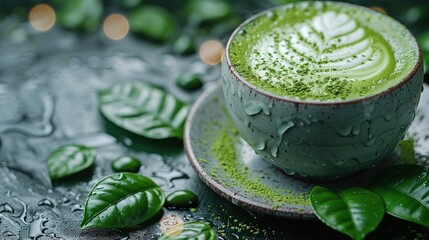 Wall Mural - A cup of matcha latte with frothy milk and a sprinkle of matcha powder.