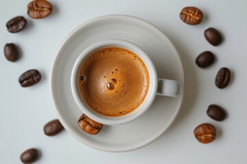 Wall Mural - hot espresso and coffee bean on white table with soft-focus and over light in the background. top view