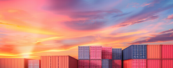 Poster - A sunset with a large stack of red and blue shipping containers in the background. Concept of industry and hard work, as the containers are likely being loaded or unloaded
