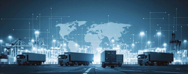 Poster - A cityscape with a large globe in the center and several trucks surrounding it. The trucks are parked on a street and the globe is lit up, giving the image a futuristic and industrial feel