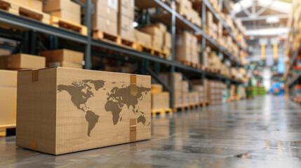 Poster - A cardboard box with a map of the world on it sits on a warehouse floor. The box is surrounded by stacks of cardboard boxes, creating a sense of order and organization. Concept of global trade